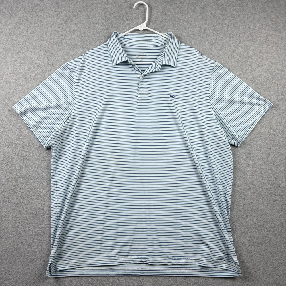 Vineyard Vines Polo Shirt Mens 2XL Blue White Striped Golf Performance Stretch